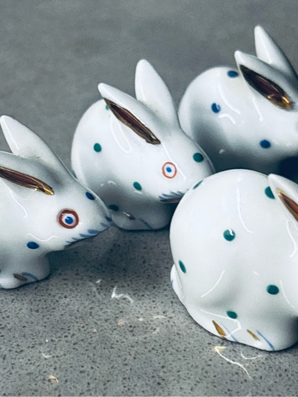 Herend- Porcelain White Bunnies with Green and Blue Dot Accents